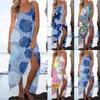 Casual klänningar kvinnor sommar sexig skopa hals strand lång klänning hav vind blomma tryck monterad