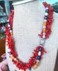 Chains Natural 3 Row Red Coral Seedings Rice Jade Pearl Gemstone Necklace 18"