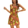 Casual Dresses Lemons Flare Dress Square Neck Elegant Female Fashion Printed Citrus Trend Pattern Oranges Orange Yellow