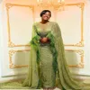 2023 arabe Aso Ebi vert sirène robe de bal paillettes dentelle robes de soirée plume anniversaire fiançailles deuxième robe robe femmes vêtements de cérémonie WD049