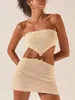 Casual Dresses Women's Summer Short Knit Bandeau Dress Beige Sleeveless Off Shoulder Hollow