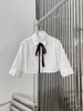 Women's Blouses Black Ribbon Tie Bow Taille Bare Short Mid-Sleeve White Shirt