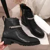 Crystal Combat Embellished Leather Black Shoes Woman Grainy Women Ankle Brand Knight Short Motorcycle