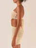 Casual Dresses Women's Summer Short Knit Bandeau Dress Beige Sleeveless Off Shoulder Hollow