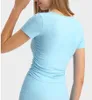 lu-374 Yoga Top Striped Rib Micropleated Waist Retractor Short Sleeve Sport Shirt High Stretch Nude Fit Slim Yoga T-shirt