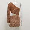 Casual Dresses Fashion Women Sexy One Shoulder Sequin Dress Luxury Sparkle Waist Hollow Out Super Short Outfit Club Wear Party For Lady1