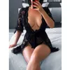 Sexig kostym damer Sexig underkläder sex spetsar babydoll underkläder set sömnkläder mesh robe pamas transparent blommor kvinnors djupa v nattdress