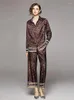 Kvinnors tvåbitar byxor Spring Summer Leopard Print Silk Suit Lång ärm överdimensionerad skjorta Blus Ankel Wide Leg Set Outfits