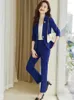 Frauen Zwei Stück Hosen 2023 Weibliche Elegante OL Grün Blau Anzug Blazer Und Hose Business Jacke Büro Dame 2 stück Set S-4XL