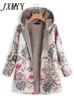 새로운 여성 겨울 따뜻한 꽃 후드가있는 재킷 꽃 프린트 후드 후드 빈티지 대형 코트 겨울 패딩 재킷 여자 파카
