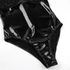 Sexig kostymkvinnor Se genom Jumpsuit Sexig mesh underkläder glansig faux läder transparent spets bodysuit erotisk latex bröst exponering bodycon