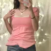 Women's T Shirts Retro Aesthetics Y2K Ruched Bust Ruffles T-shirt Fairycore Grunge 00s Vintage Pink Milkmaid Tops Preppy Cute Pullovers Tees