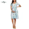 Maternity Dresses Women's Floral Short Sleeve Loose Maternity Dresses Pregnancy Clothes Summer Casual Soft Waist Pleated Print Knee Length Dress 230428