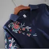 Kobiet Polos Bluzka Kobiety Summer retro w stylu retro luźna haft lapowy pół rękawów pullover latarnia wysoka talia top