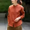 Blouses Femmes QPFJQD Dames Lin Sable Lavé Chemise O-Cou Lâche Bouton Chemises 2023 Printemps Femmes Rétro Simple Blouse À Manches Longues Solide