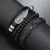 Bangle Vintage Leather Bracelet Men Men's Set PU Product Feather Wood Bead Pull Cord Jewelry