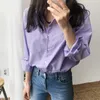 Womens Blouses Shirts Spring Blouse Striped Turndown Collar Office Lady Tops Full Sleeve Light Purple Fashion Female blusas 230404