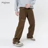 Jeans masculinos carga homens high street moda primavera outono multi bolsos zíper design sólido estilo americano masculino bonito casual