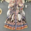 Basic Casual Dresses Fashion Runway Flower Chiffon Long Maxi Dress Women Stand Collar Lantern Sleeve Floral Print Belt Lace Up Boho Robe Vestidos 2024