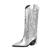 Stile in pelle 2024 punta punta di pecora saccheggia di punta di punta di punta con boot della caviglia con boot da panoramica per feste casual per feste da festa 7 cm tacchi grossi tacchi diamanti zircone rhinestone siz