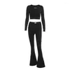 Women's Two Piece Pants Round Neck Long Sleeve Cropped Top High Waist Straight Leg Bootcut Trousers Fall Casual Suit Holiday Vestidos