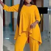 Women's Two Piece Pants Loose Yellow Pant Sets For Women O Neck Long Sleeves Tunic Tops Full Length Trousers Casual Elegant Fall Big Size 2