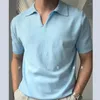 Men's Polos V-neck Men Solid Color Short-sleeved T-shirt Summer British Slim Lapel Knitted Striped Casual Polo Shirt Camisa Masculina