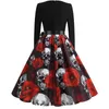 Theme Costume Skull Printed Halloween Women's Long Sleeve 1950s Housewives Evening Party Prom Dresses Elegant Horror Role Playing 230404