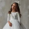 Платья для девочек Платье с цветочным рисунком Белый пушистый тюль с длинными рукавами и рюшами с блестками, украшенное свадебным элегантным нарядом для первого причастия маленького ребенка