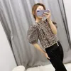 Women's Blouses 2023 Summer Fashion Retro Hong Kong Style Print Puffy Mid-sleeve Round Neck Short Turret Pullover Knit Shirt Women Chic Top