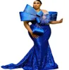 2023 Arabe Aso Ebi Bleu Royal Sirène Robe De Bal Perles Cristaux Robes De Soirée Sheer Cou Anniversaire Fiançailles Deuxième Robe Robe Femmes Vêtements De Cérémonie WD046