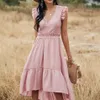 ATUENDO Robe d'été rose unie pour femmes bohème Sexy douce taille haute dames Robe Boho loisirs invité de mariage robes longues en soie X229u