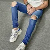 2023 Nieuwe streetwear heren blauw gescheurde skinny jeans mode slanke elastische gat rauwe rand hiphop rock mannelijke jeugd denim broek