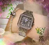 Iced Out vierkant Romeins tankwijzerhorloge Hiphop fijn roestvrij staal Dameskalender Quartz-uurwerk Klok Zakelijk Diamanten Ring Horloges Moederaccessoires Geschenken