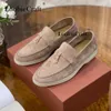 Dress Shoes Summer Walk Loafers LP Women Flat Khaki Suede Casual Moccasin Leather Tassel Metal Lock Lazy Slip On Mules Master Quality 230404