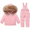 Kledingsets Winter Kind Reflecterende Strip Puffer Skipak Baby Meisje Jongen Afneembare Bont Donsjack 2-weg Rits Jumpsuit Broek Kind Outfit