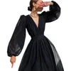 Robes décontractées Femmes Puff Sleeve Polka Dot Maxi Robe Élégante Soirée Formelle Été Dames Longue Profonde Col En V Robe