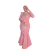 Pink Mermaid Muslim Prom Dresses Sequined Collar Long Sleeve Kafan Formell klänning Pleat Satin golvlängd Arabisk Dubai Party Dress