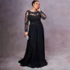 2023 Vintage Black Chiffon Mother of the Bride Dresses Bow Belt Formal Evening Gowns Long Sleeves with Bead Lace Appliques Birthday Party Wear