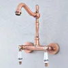 Bathroom Sink Faucets Antique Red CopperWall Mounted Kitchen Basin Swivel Faucet Mixer Tap Double Ceramic Handle Tsf904