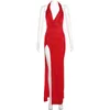 Abiti casual Eleganti donne sexy Maxi abito da sera da sera Drappeggiato con scollo a V Halter Backless Side Split Bodycon Clubwear Abito lungo Natale