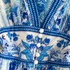 Grundläggande casual kvinnliga klänningar tidigt på våren semester lång klänning kvinnor runway v-hals blå blomma tryckt lykta ärm hög midja semester boho vestidos 2024
