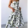 カジュアルドレス夏の女性の長い花柄のボヘミアンVネックボタンスリーブビーチウェアウェアスパゲッティストラップドレス