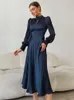 Casual Dresses Mnealways18 Eleganta aftonklänningar Navy Hollow Out Woman Satin Midi Party Dress Spring Lantern Sleeves Sliky Keyhole Dress 230404