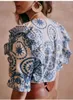 Women's Blouses Summer Ethnic Style Blue Embroidered Ruffled Lace Hollow Out Cotton Round Collar Short Lantern Sleeve Straight Shirt