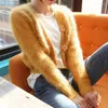 Women's Knits Ladies Knitted Velvet Sweater Coat Big Button Mohair V-neck Cardigan Autumn Slim Long Sleeve High Waist Cropped Top