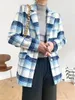 Women's Suits Blue Plaid Woollen Blazer Suit Mature Women Office Casual Commute All-Match Formal Clothing Lady Temperament Coat