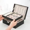 Jewelry Pouches PU Leather Box Double-layer Wooden Organizer Princess Earrings Watch Storage Casket