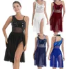 Stage Wear Women Sleeveless Shiny Sequin Mesh Splice Skirted Leotard Dance Dress Ballet Gymnastics Lyrical Costume