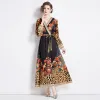 Grundläggande avslappnade klänningar vårens höstdesigner Leopard vintage klänning kvinnors korsvåg lykta ärm blommig tryck spets upp bälte lång mantel vestidos 2024